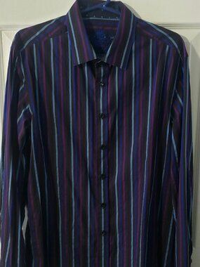 MENS HOUSE OF LORDS PURPLE BLUE STRIPED SHIRT SIZE LARGE
